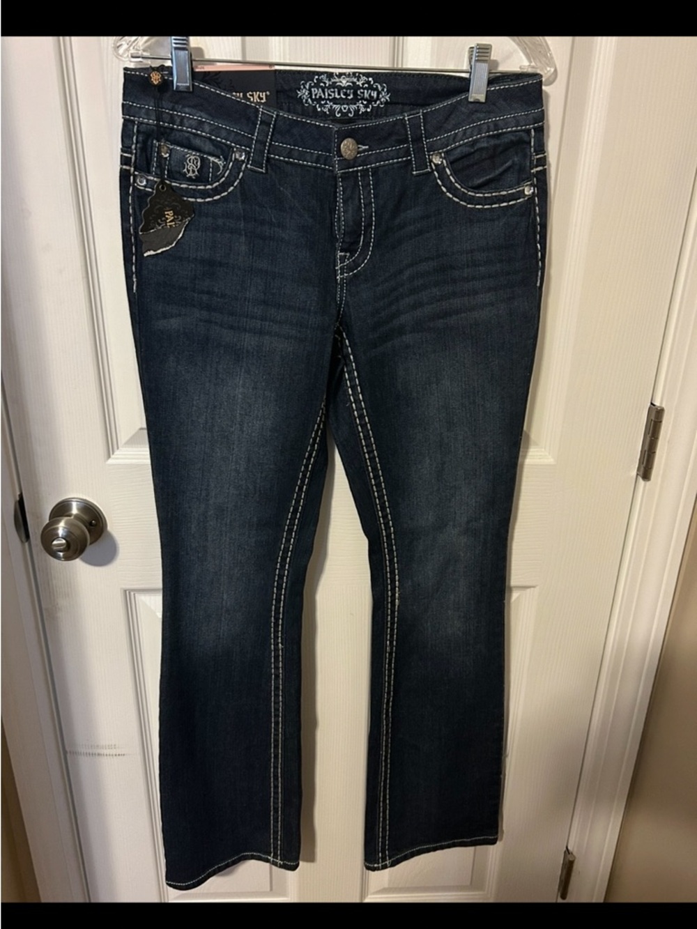 Paisley Sky Sz 6 Dark Indigo Bootcut Jeans with Contrast Stitching